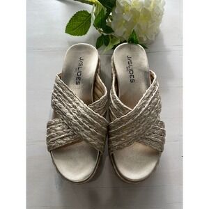 J/Slides NYC Gold Woven Cross Strap‎ Platform Wedge Sandals